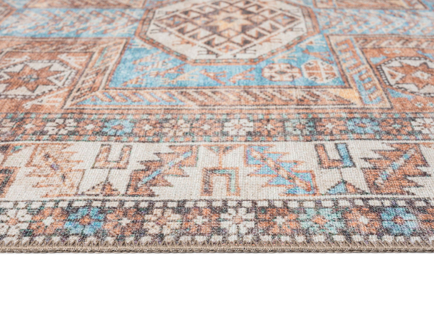 Nazri Orange and Blue Traditional Distressed Washable Rug