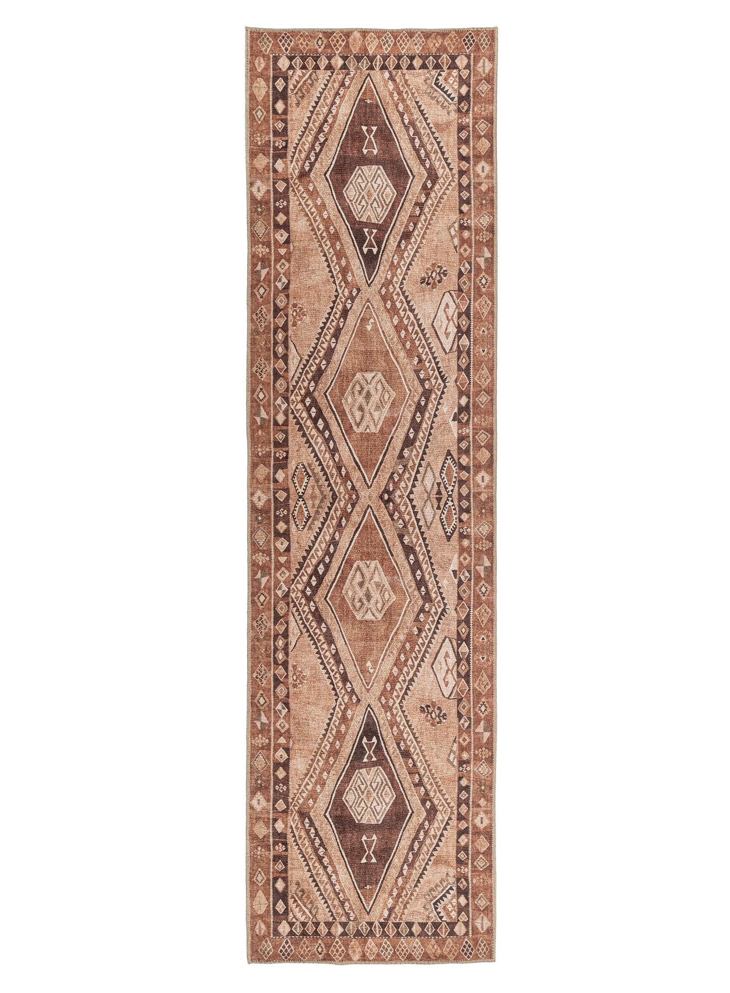 Necha Beige and Brown Tribal Washable Runner Rug