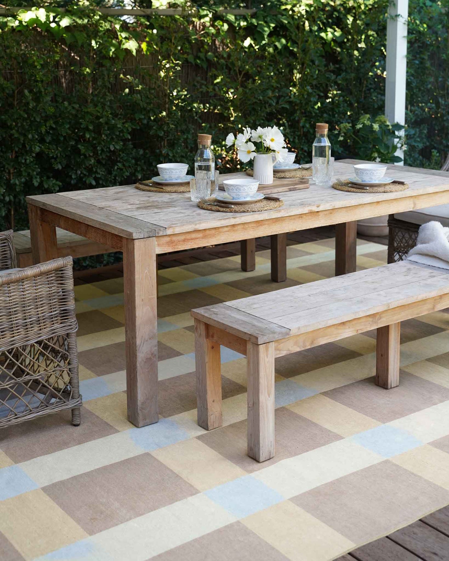 Nice Beige Sand and Sky Blue Checkered Indoor Outdoor Rug