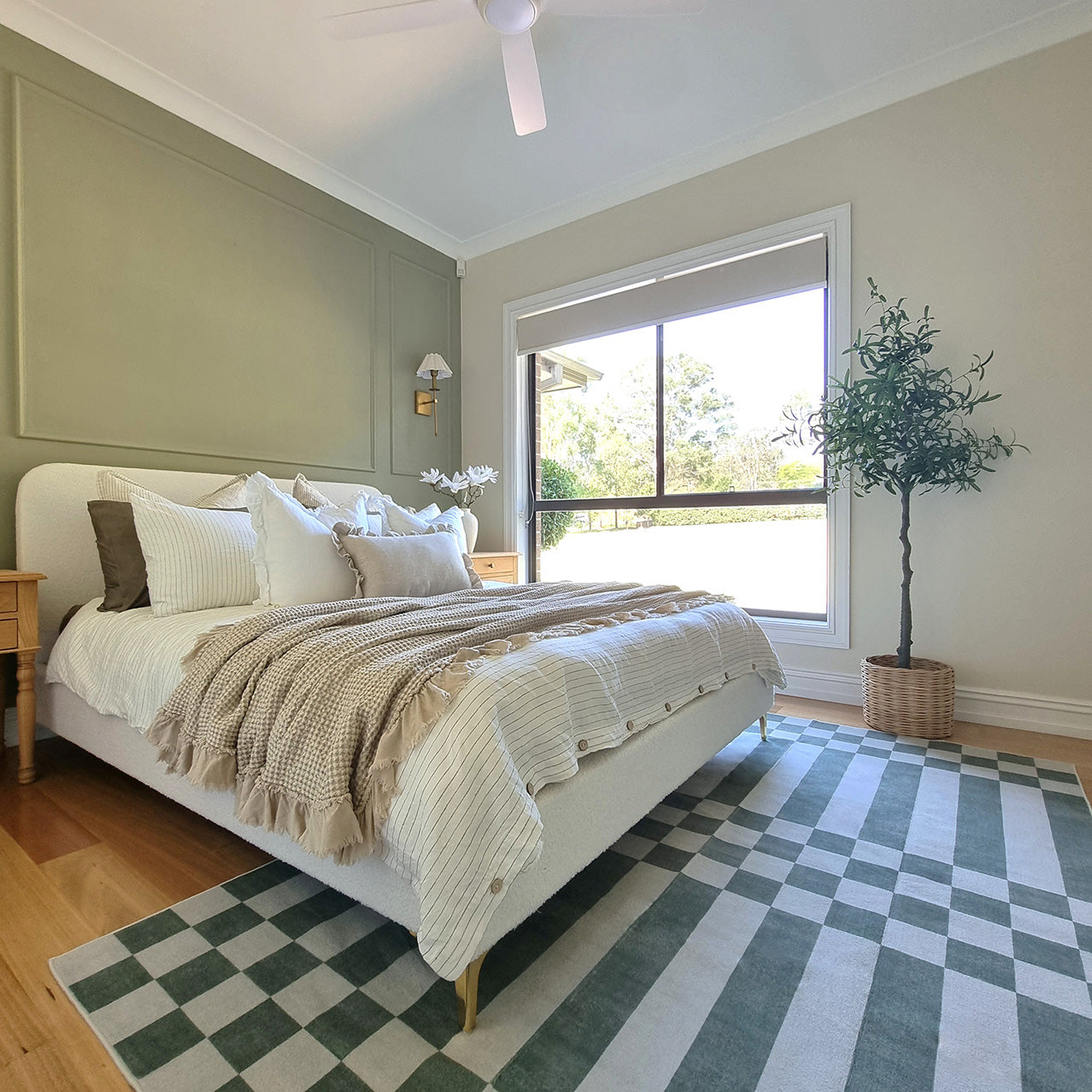 Nicolette Green and White Checkered and Striped Washable Rug