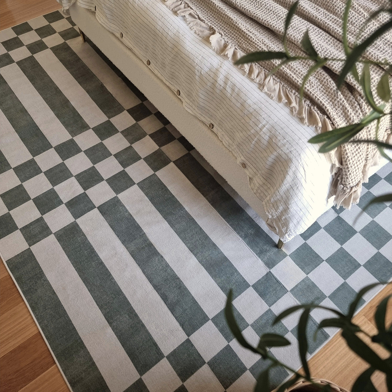 Nicolette Green and White Checkered and Striped Washable Rug