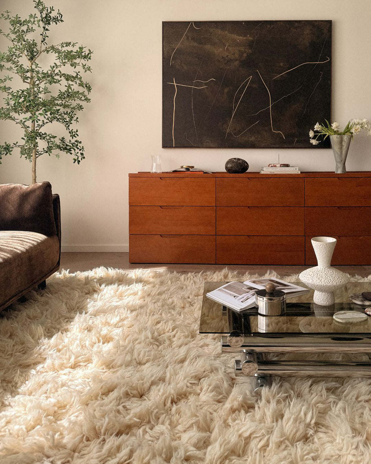 Oracene Beige Deep Pile Wool Shag Rug