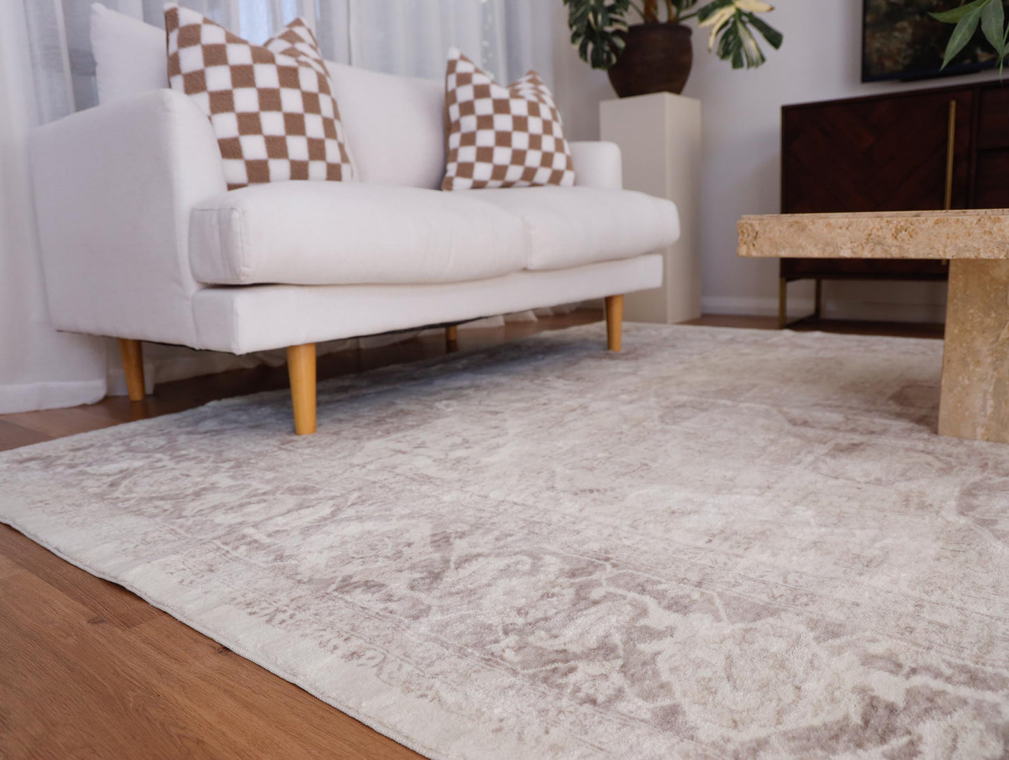 Patina Cream and Beige Distressed Washable Rug