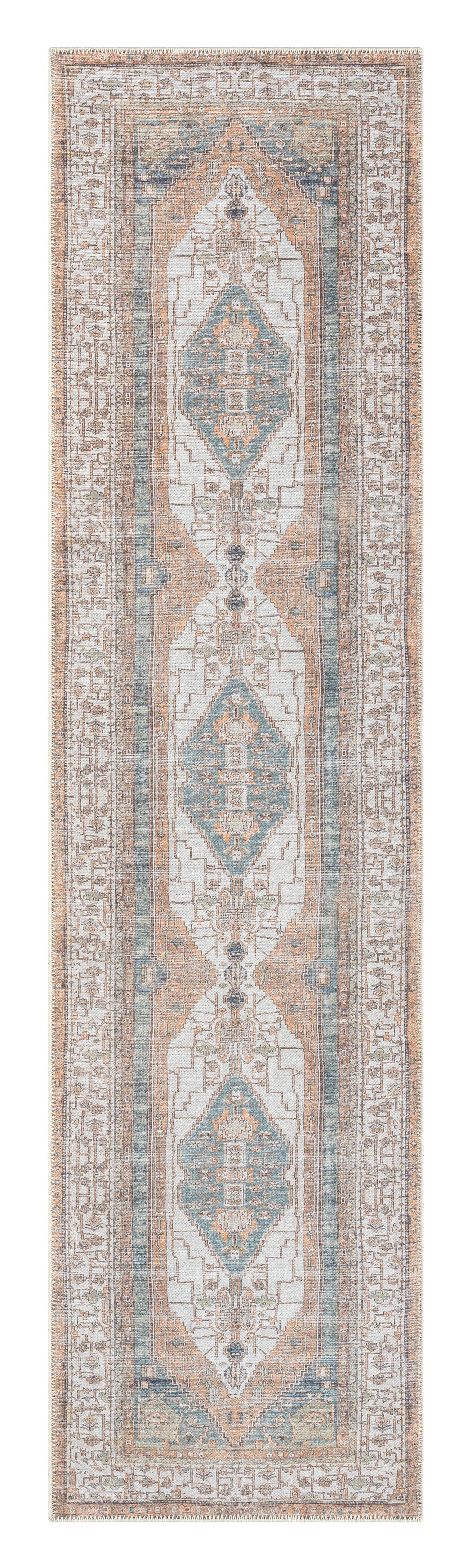Priya Orange and Green Traditional Distressed Washable Runner Rug