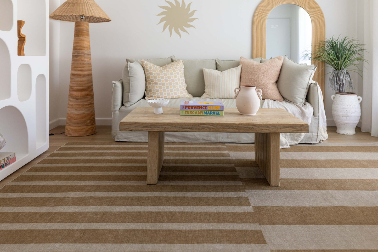 Ravello Warm Beige and Golden Sand Striped Indoor Outdoor Rug