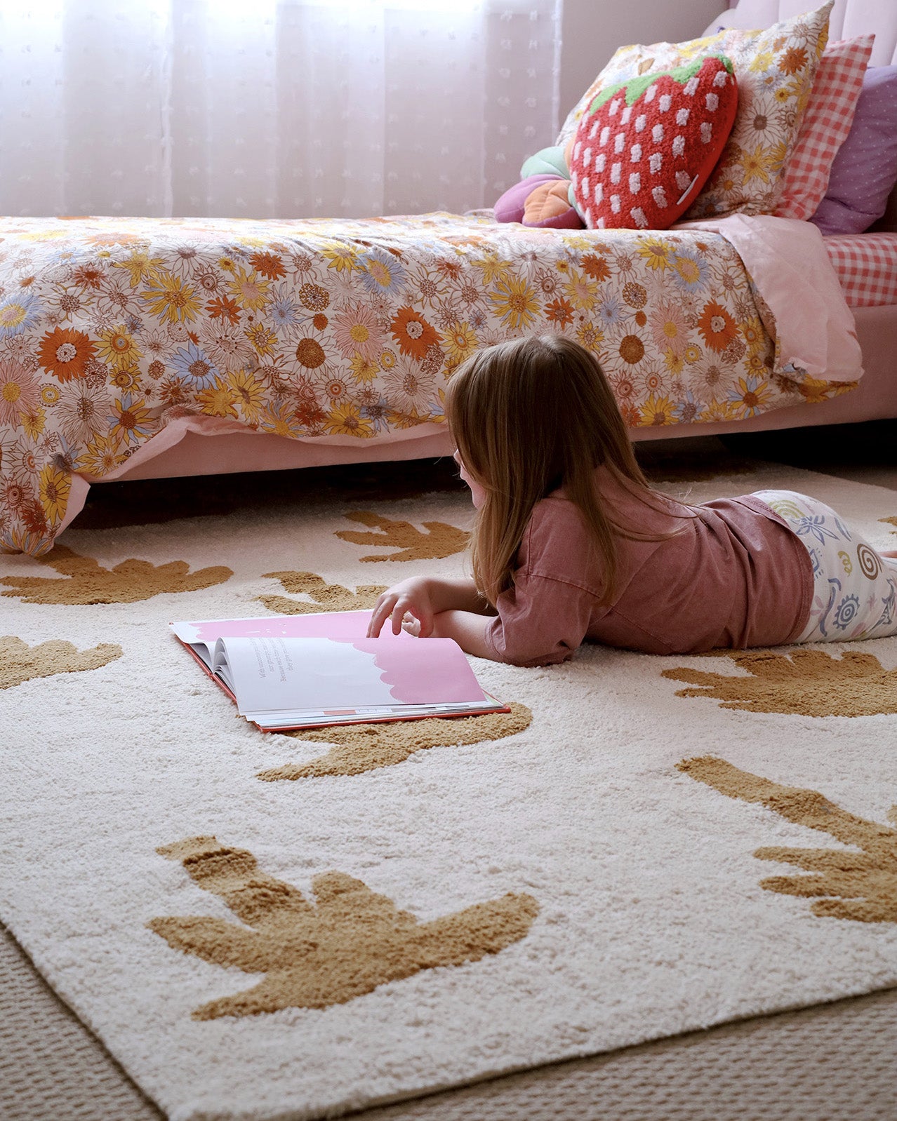 Saffron Mustard Brown Palm Tree Cotton Washable Rug