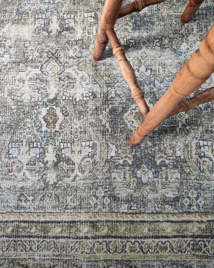 Santi Green and Grey Traditional Distressed Washable Rug