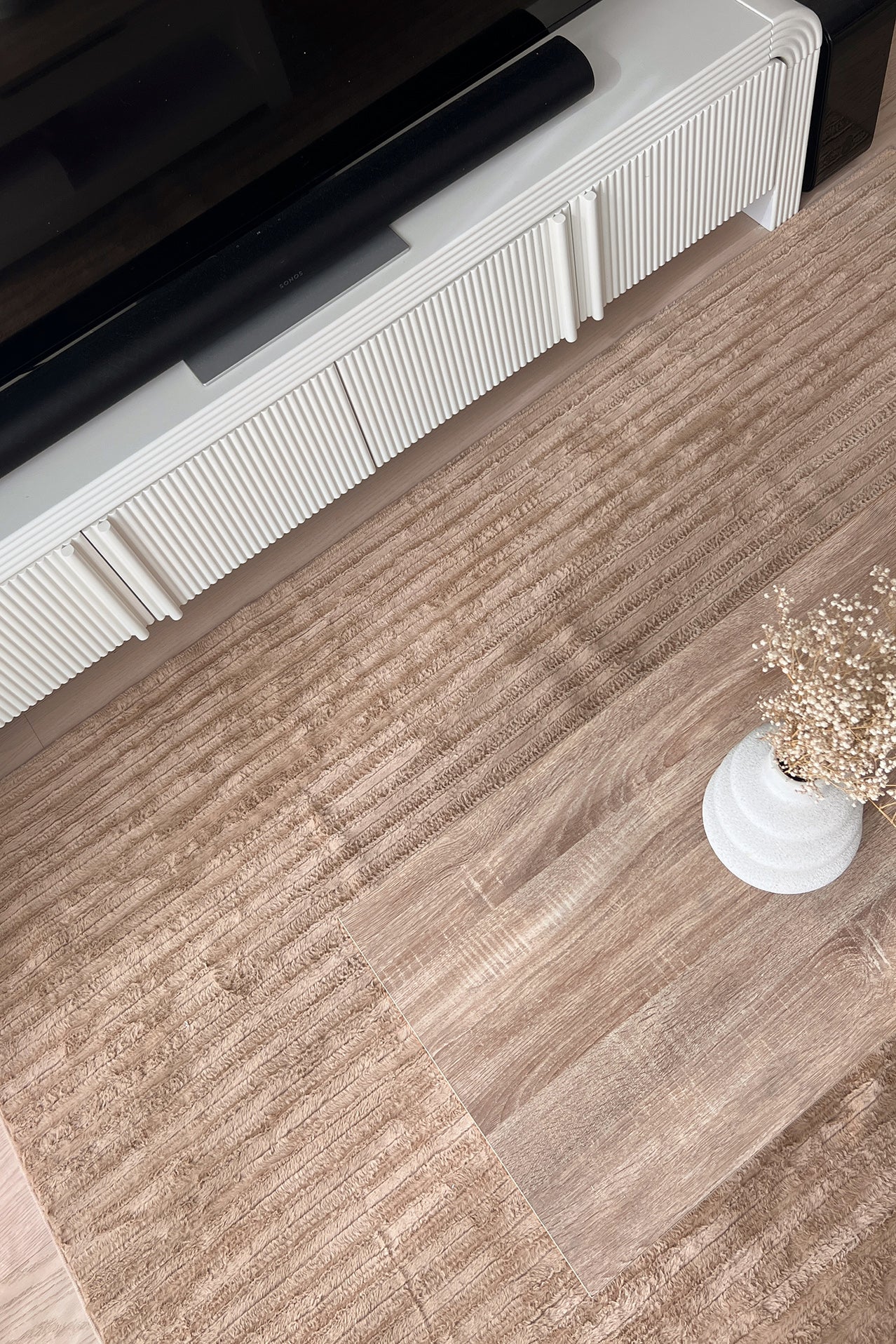 Sitti Beige Striped Washable Faux Fur Rug