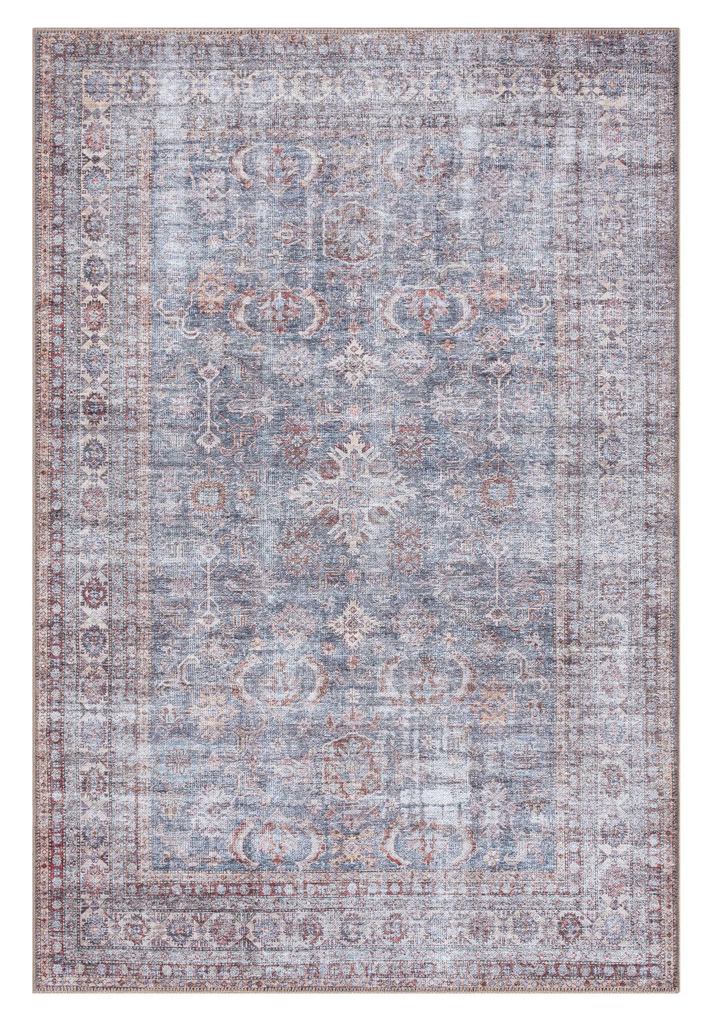 Sorra Blue and Brown Traditional Distressed Washable Rug
