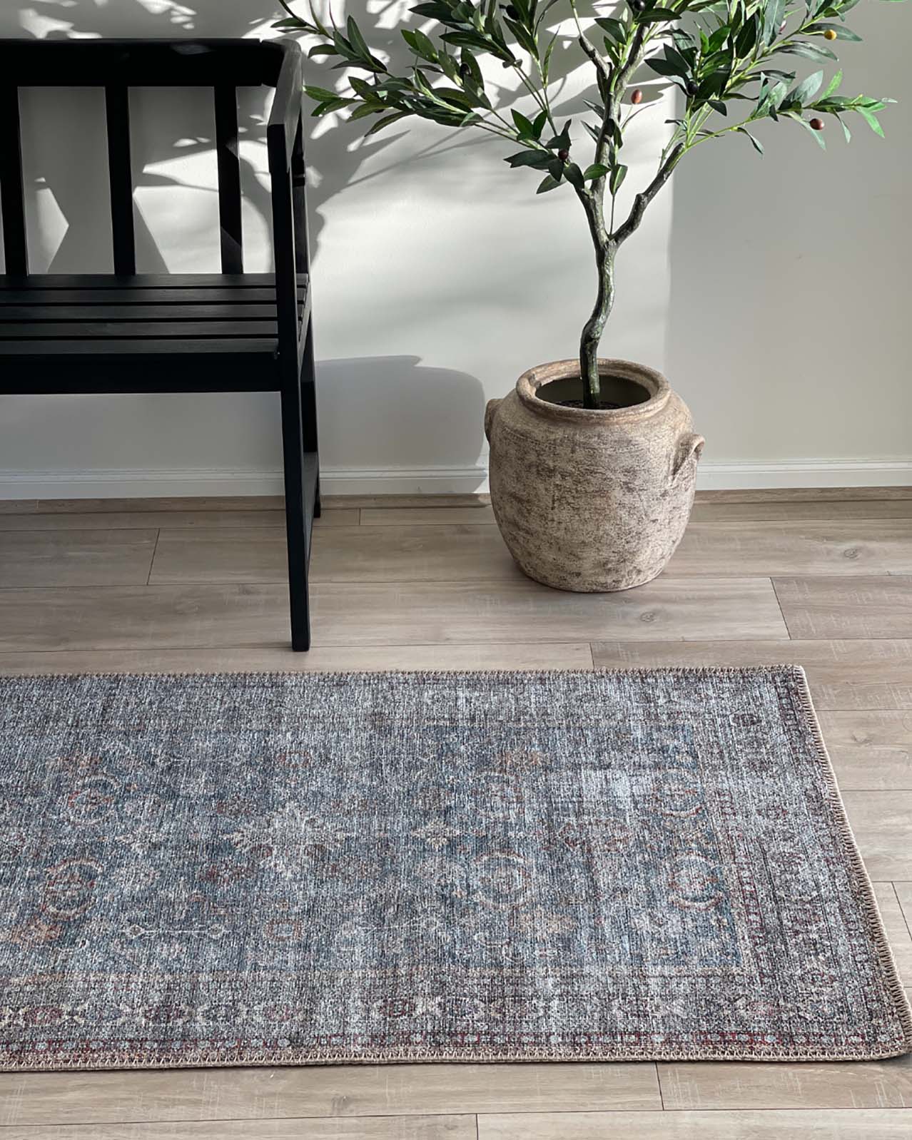 Sorra Blue and Brown Traditional Distressed Washable Runner Rug