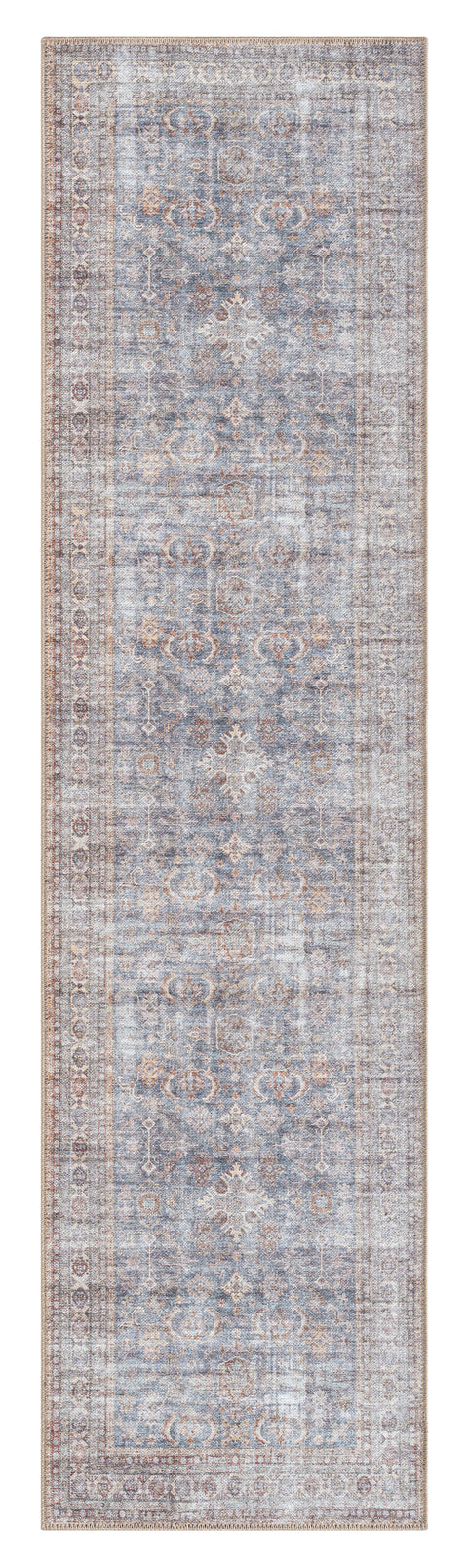 Sorra Blue and Brown Traditional Distressed Washable Runner Rug