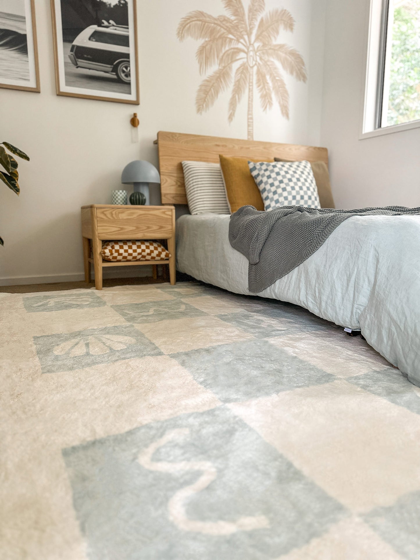 Tara Blue and Cream Checkered Washable Rug