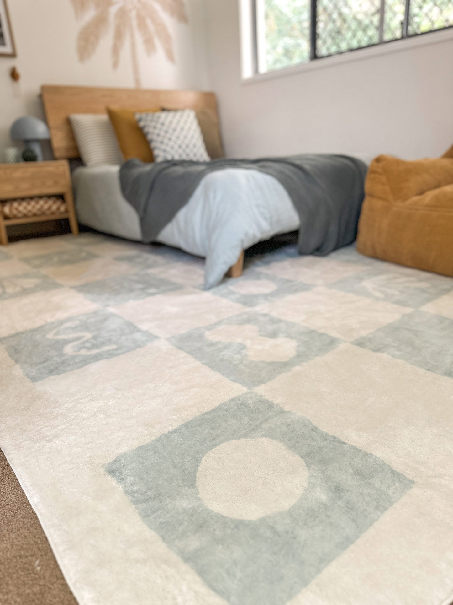 Tara Blue and Cream Checkered Washable Rug