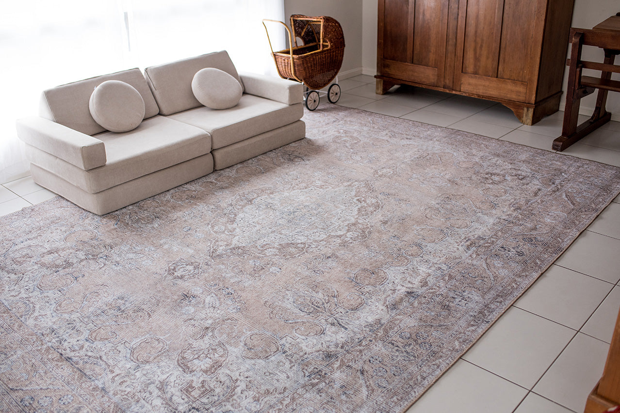Tinka Beige and Grey Traditional Distressed Washable Rug