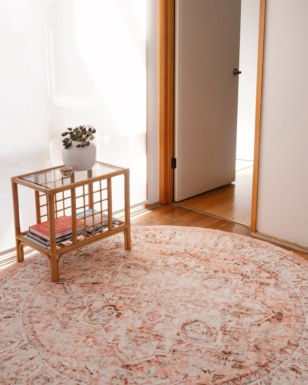 Veronique Peach and Brown Distressed Washable Round Rug