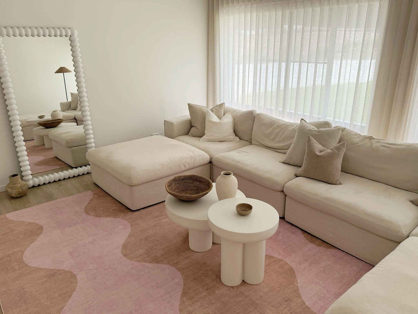 Zamora Beige and Pink Wave Washable Rug